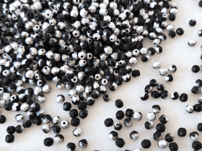3mm fire-polished beads - matt black & light silver
