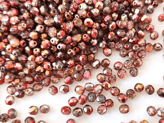 4mm fire-polished beads - dark red & silver 
