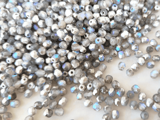 4mm fire-polished beads - frosted grey silver iris