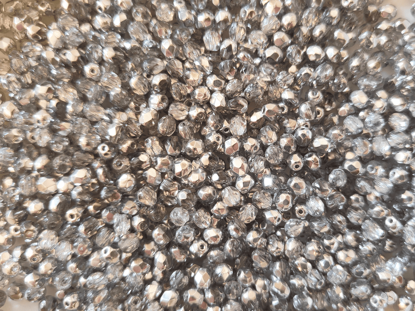 4mm fire-polished beads - colorless & dark silver