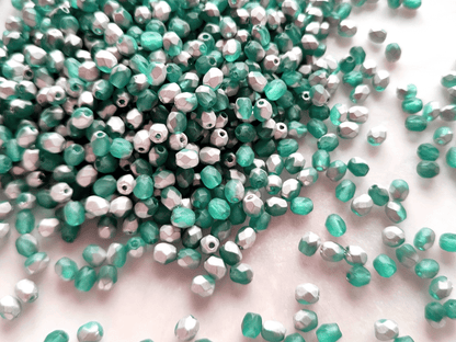 4mm fire-polished beads - matt petrol green & silver