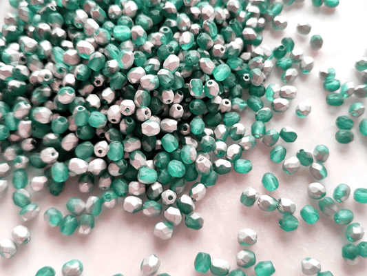 4mm Glasschliffperlen - matt Petrol & Silber