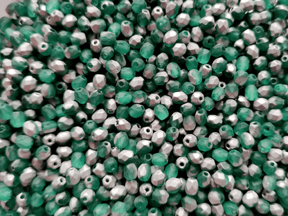 4mm fire-polished beads - matt petrol green & silver