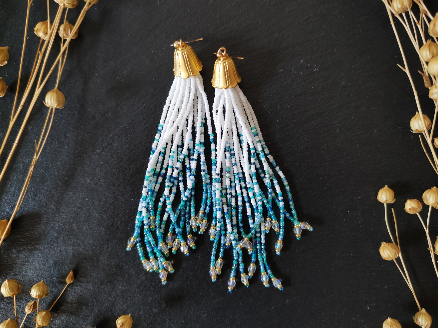 Tassel earrings "Nirvelli" - white & turquoise