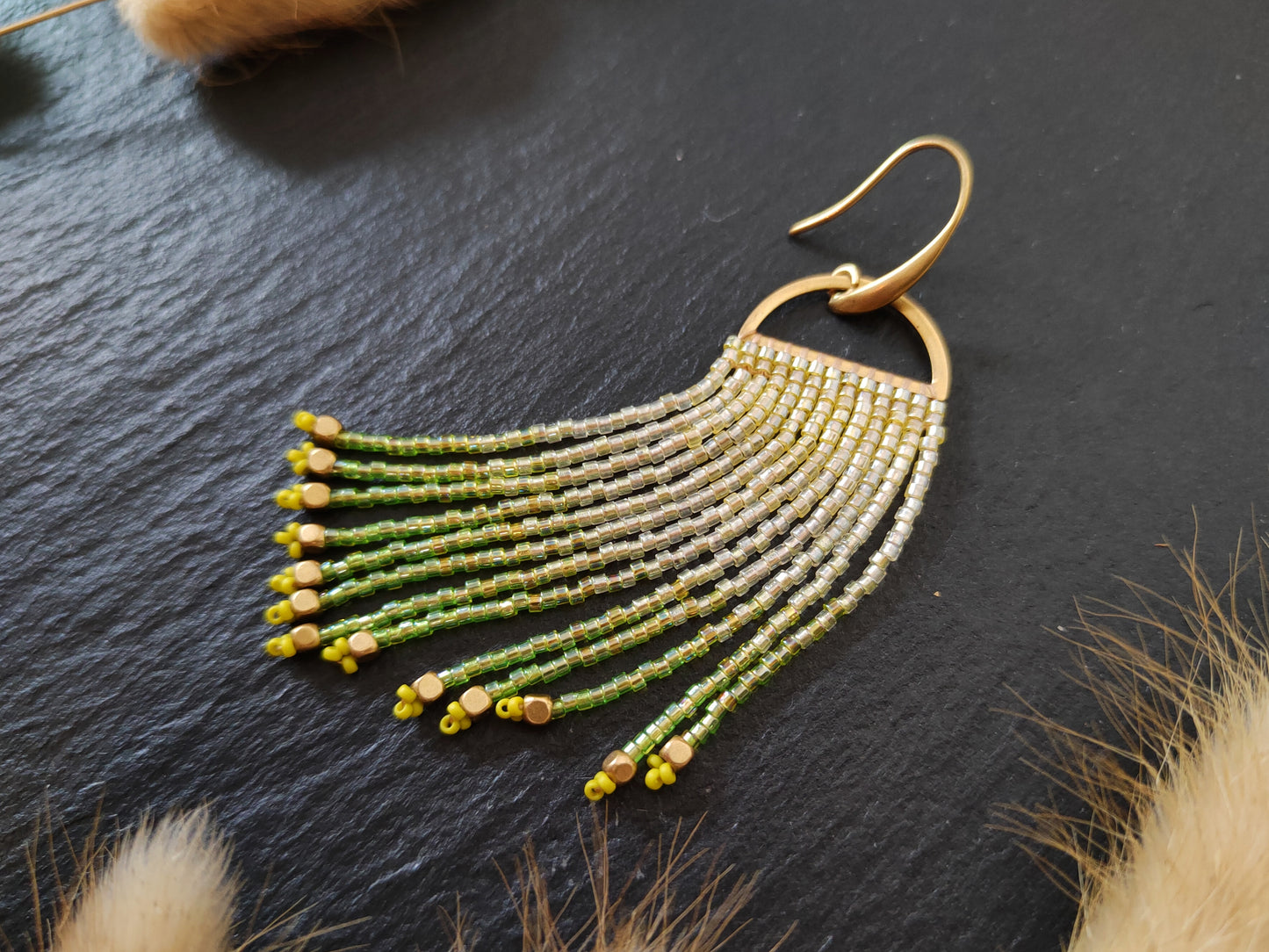 Shimmering fringe earrings "Odoti" with ombre design - yellow & green