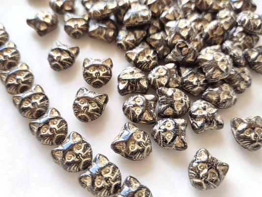 Cat face beads 13mm - black & gold