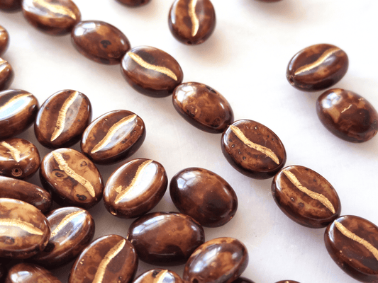 Coffee bean beads 11x8mm - brown & gold