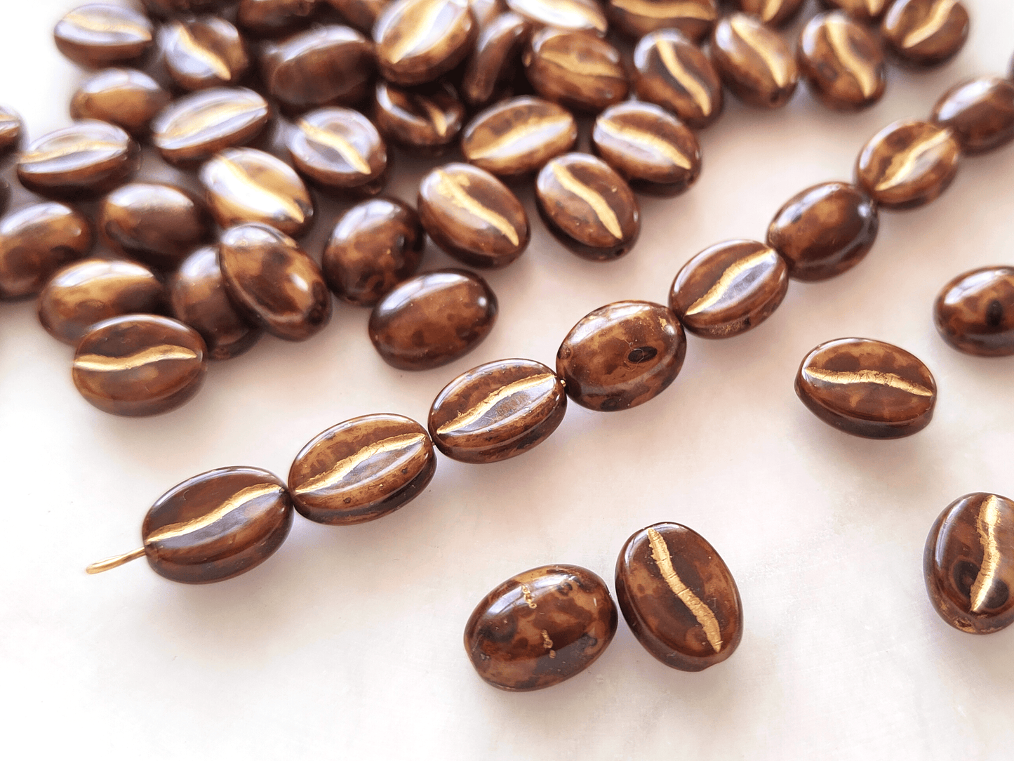 Coffee bean beads 11x8mm - brown & gold