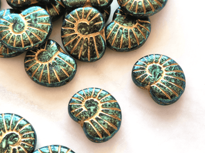Snail shell beads 17x13mm - dark green & gold
