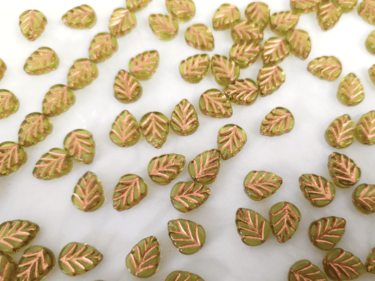 Mint leaf beads 10mm - warm light green & copper