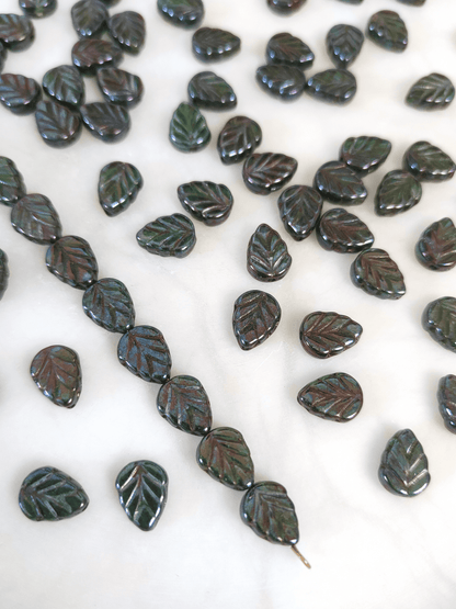Mint leaf beads 10mm - dark green & purple