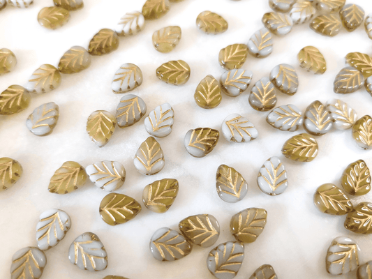 Mint leaf beads 10mm - white, light green & gold