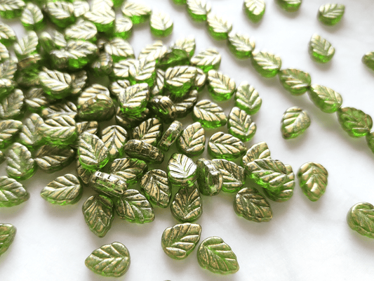 Mint leaf beads 10mm - dark green & gold