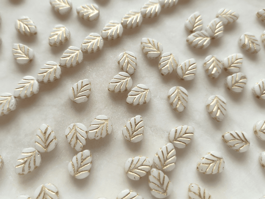 Mint leaf beads 10mm - white & gold