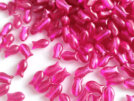 Fish beads 10x6mm - deep pink & gold glitter