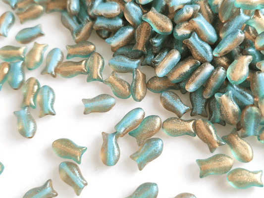 Fish beads 10x6mm - blue & brown glitter