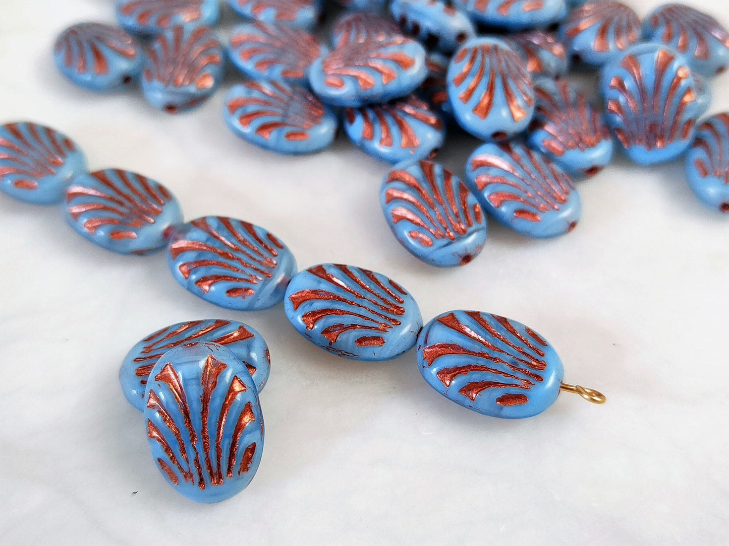 Oval ornament beads 17mm - light blue & copper