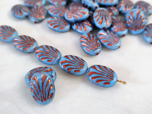 Oval ornament beads 17mm - light blue & copper
