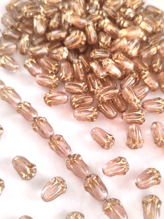 Tulip beads 12x8mm - pastel pink & gold