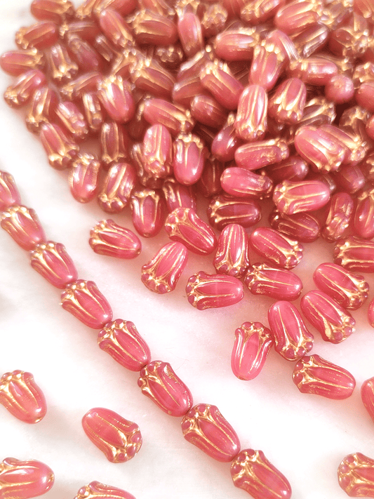 Tulip beads 12x8mm - muted pink & gold