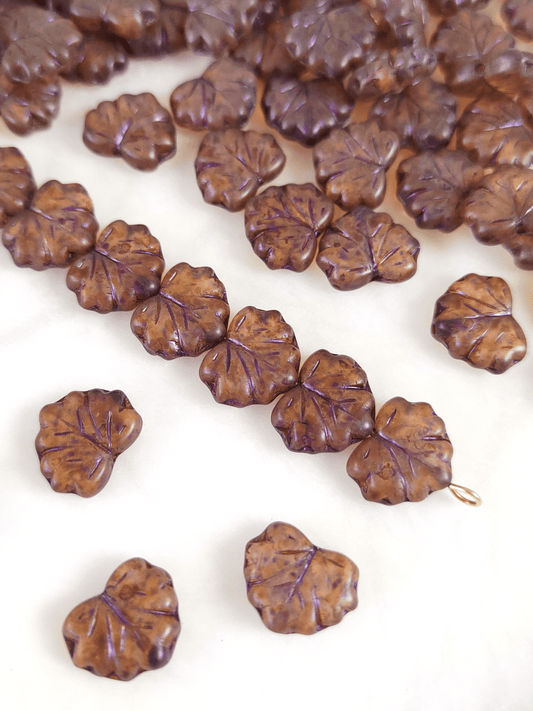 Vine leaf beads 13mm - brown & purple