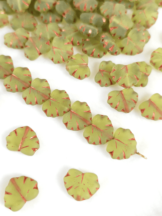 Vine leaf beads 13mm - matt green & copper