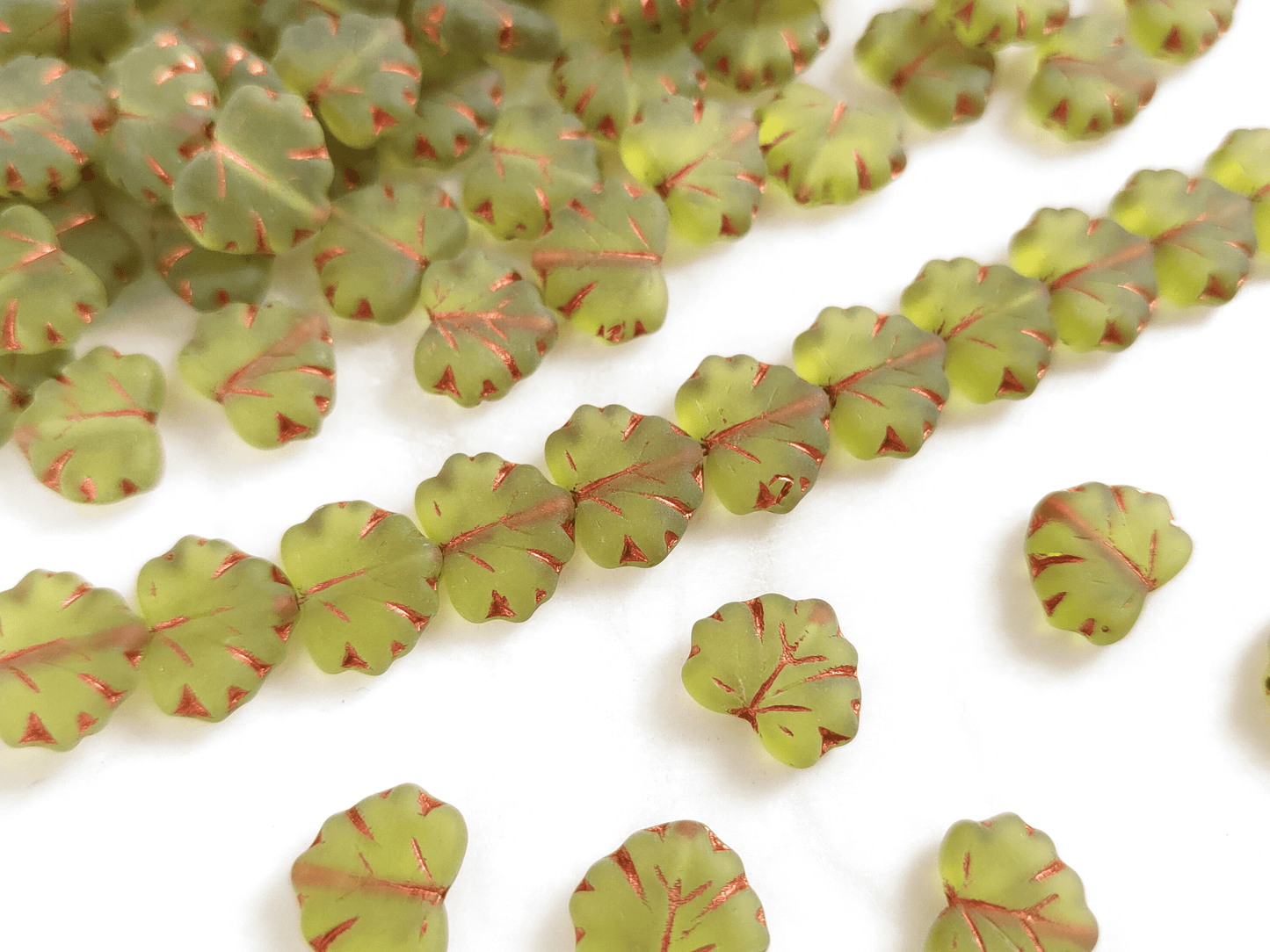 Vine leaf beads 13mm - matt green & copper