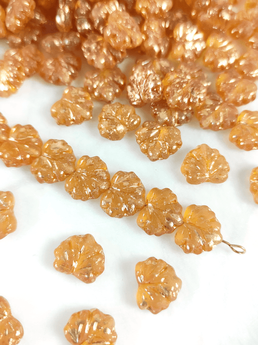 Vine leaf beads 13mm - amber & gold