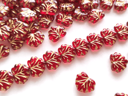 Vine leaf beads 13mm - blood red & gold