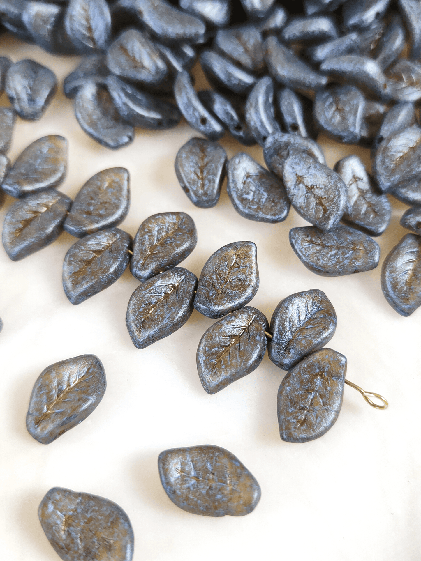 Basil leaf beads 14mm - brown & matt gray