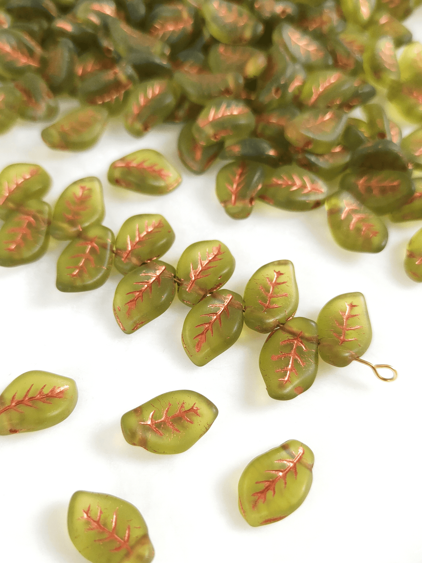 Basil leaf beads 14mm - matt green & copper