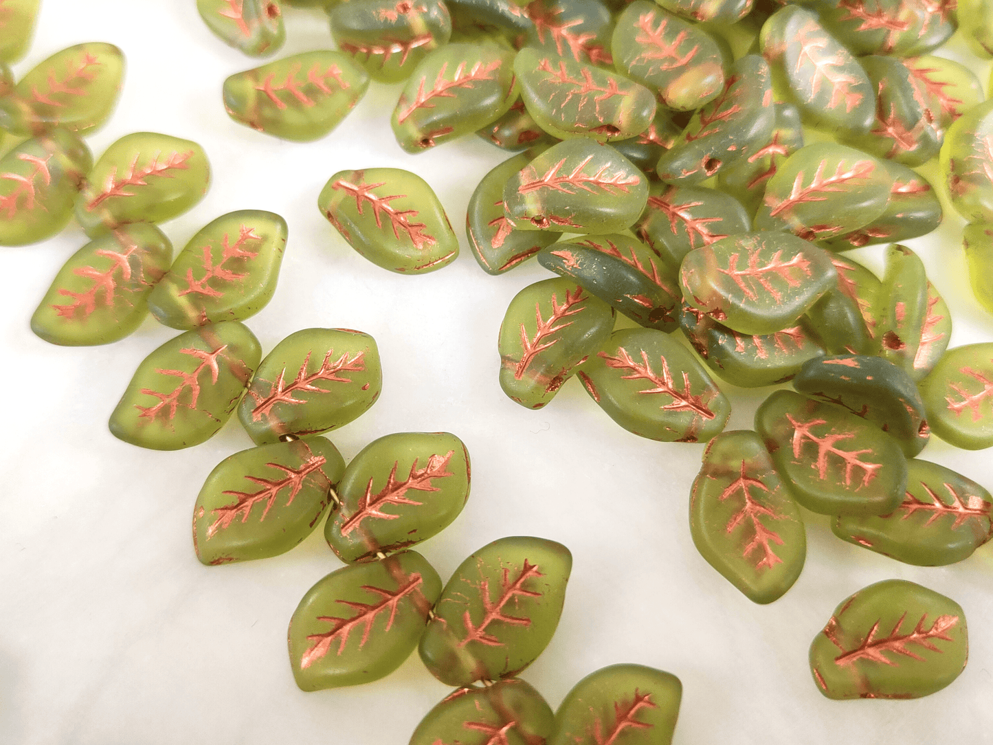 Basil leaf beads 14mm - matt green & copper