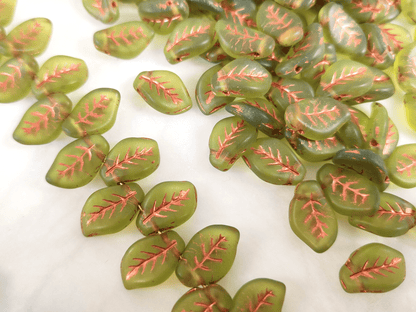 Basil leaf beads 14mm - matt green & copper
