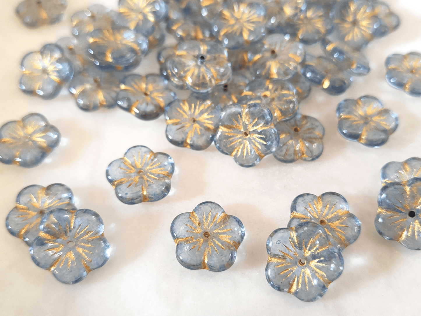 Apple blossom beads 14mm - sky blue & gold