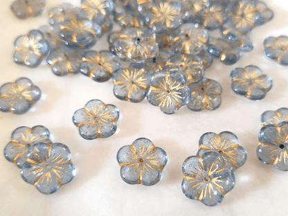 Apple blossom beads 14mm - sky blue & gold