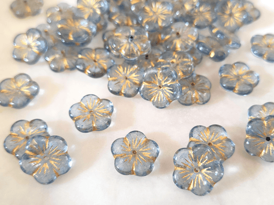 Apple blossom beads 14mm - sky blue & gold