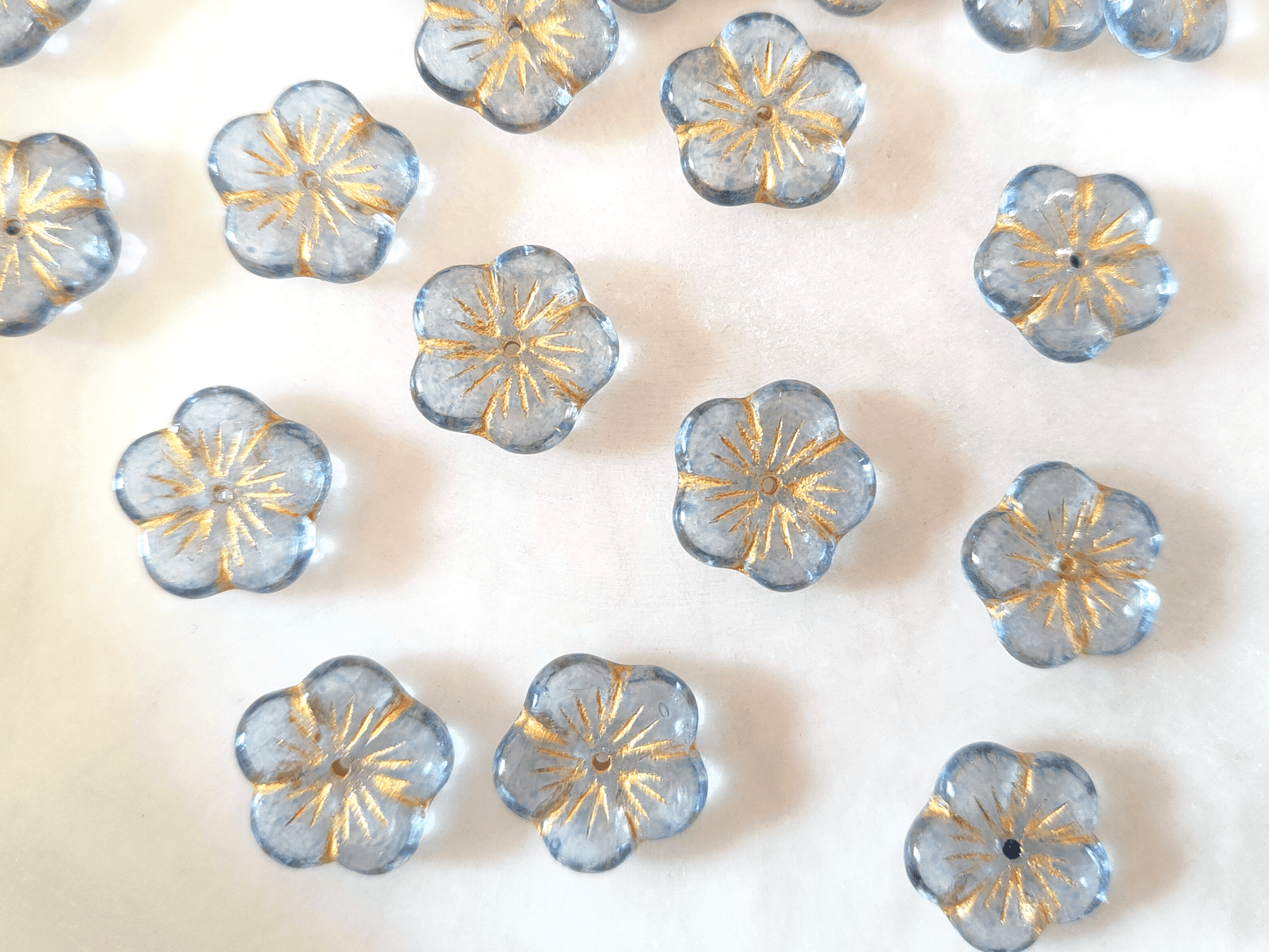 Apple blossom beads 14mm - sky blue & gold