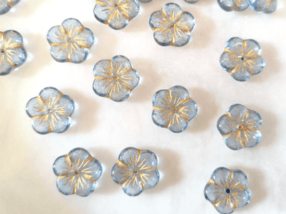 Apple blossom beads 14mm - sky blue & gold