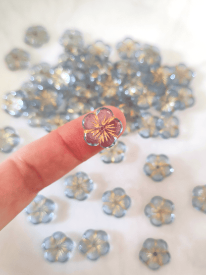 Apple blossom beads 14mm - sky blue & gold