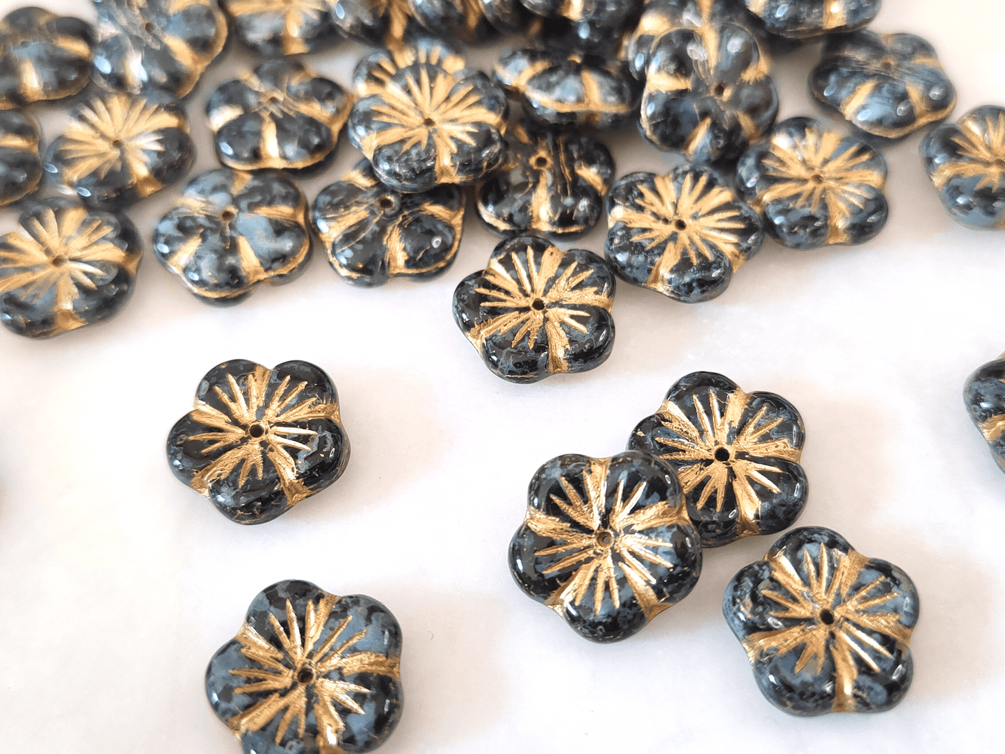Apple blossom beads 14mm - black, gray & gold