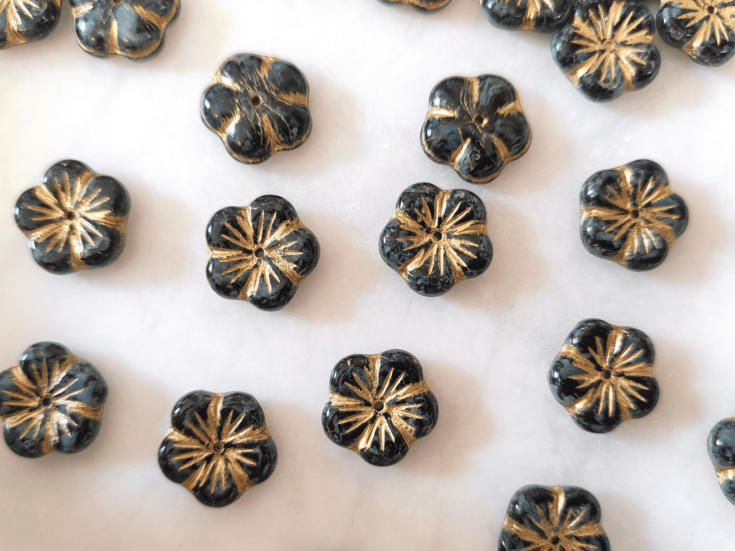 Apple blossom beads 14mm - black, gray & gold