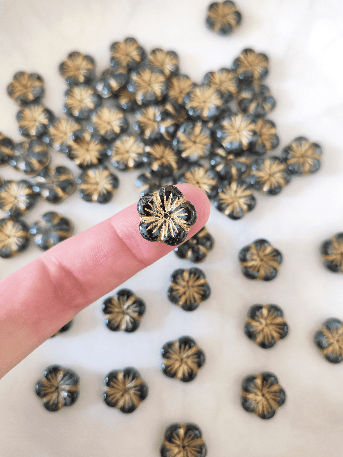 Apple blossom beads 14mm - black, gray & gold