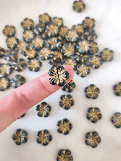 Apple blossom beads 14mm - black, gray & gold