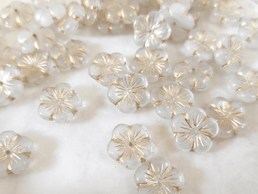 Apple blossom beads 14mm - milky white & gold