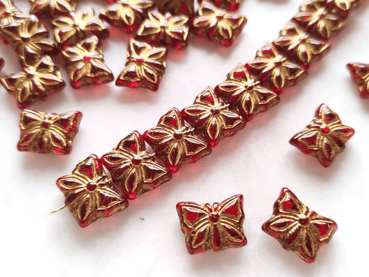 Butterfly beads 15x12mm - dark red & gold