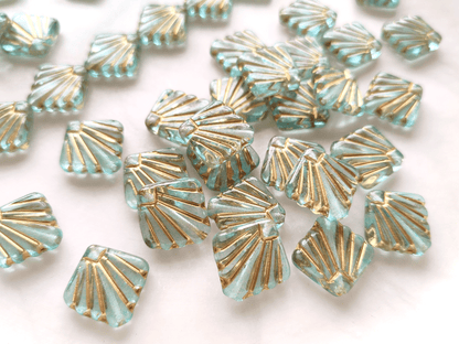 Fan ornament beads 17mm - sky blue & gold