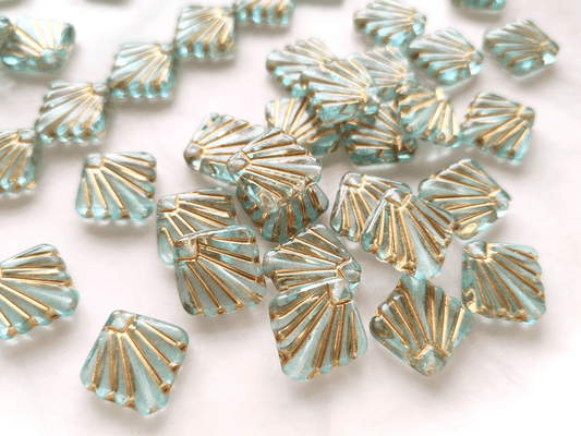 Fan ornament beads 17mm - sky blue & gold
