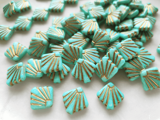 Fan ornament beads 17mm - turquoise & gold