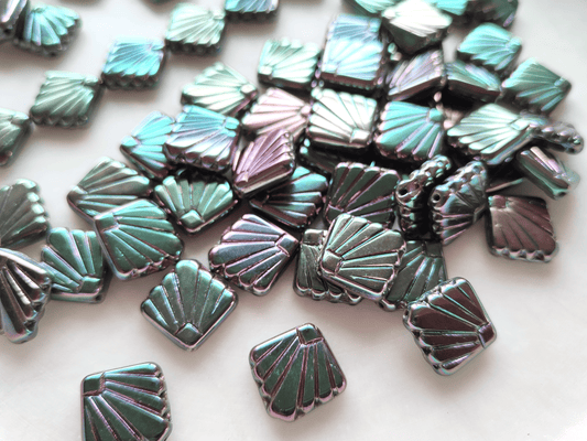 Fan ornament beads 17mm - metallic dark green & purple