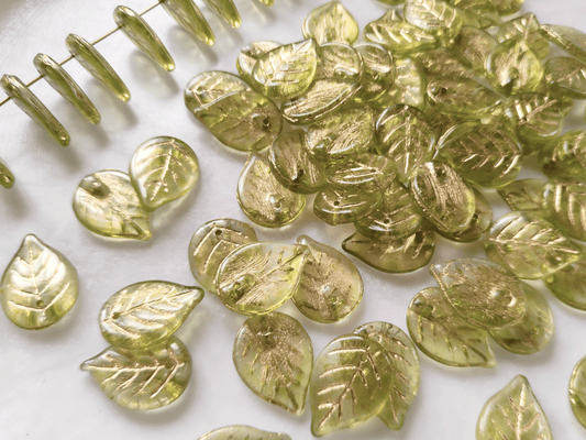 Apple tree leaf beads 18mm - light green & gold
